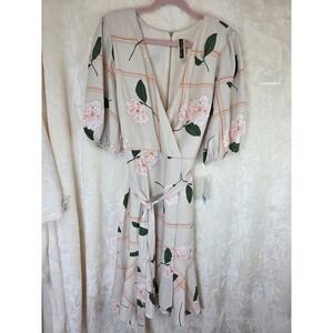 Julian Taylor Floral Plaid Faux Wrap Midi Dress‎ Puff Sleeve Cream Peach Size 16